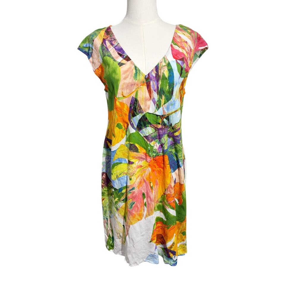 Jam's World Monstera Plant Tropical V Neck Mini Dress Sz M Boho Hawaiian